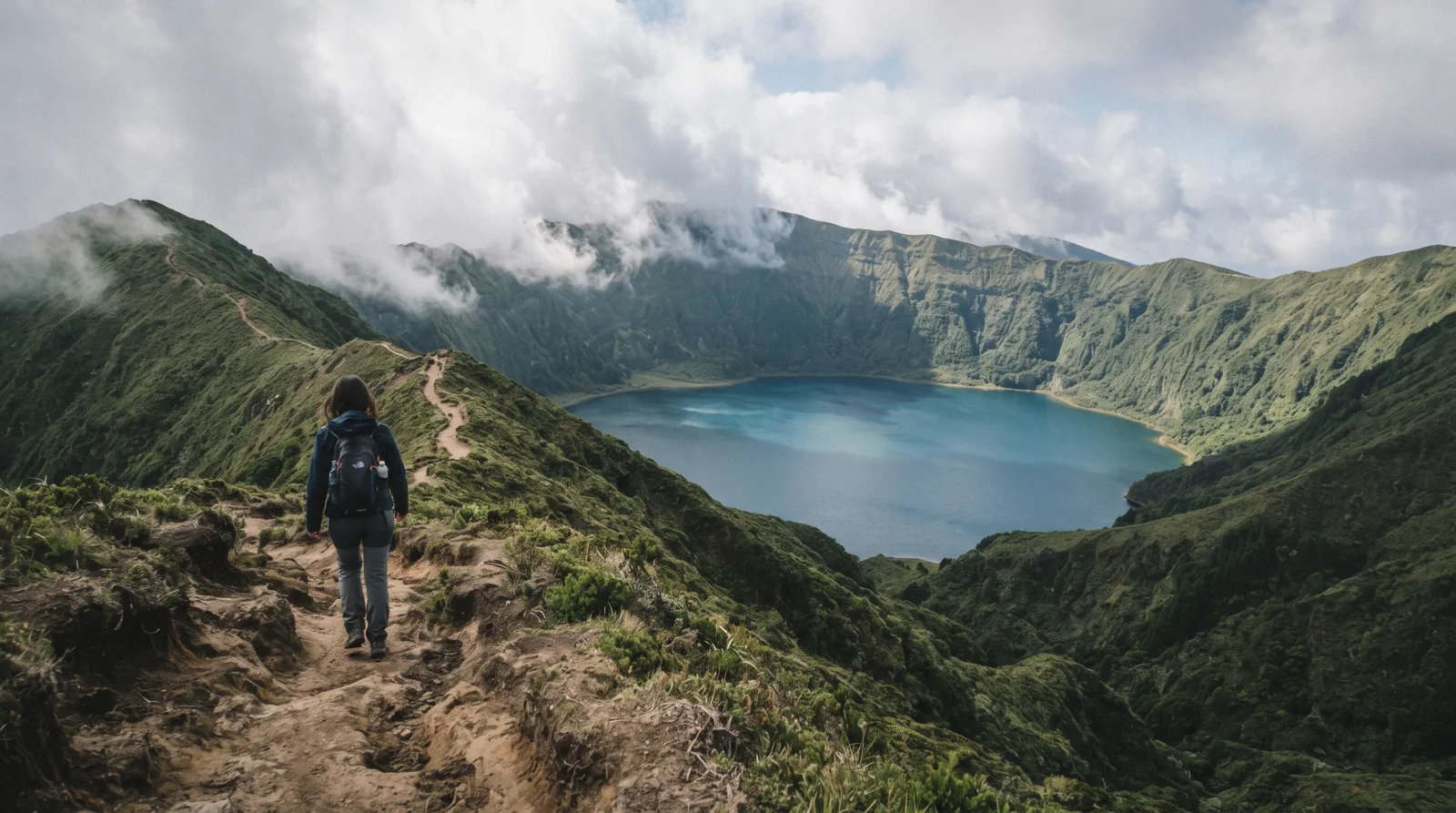 A green crater rim path above a blue and green twin lake with low cloud lifting off the water