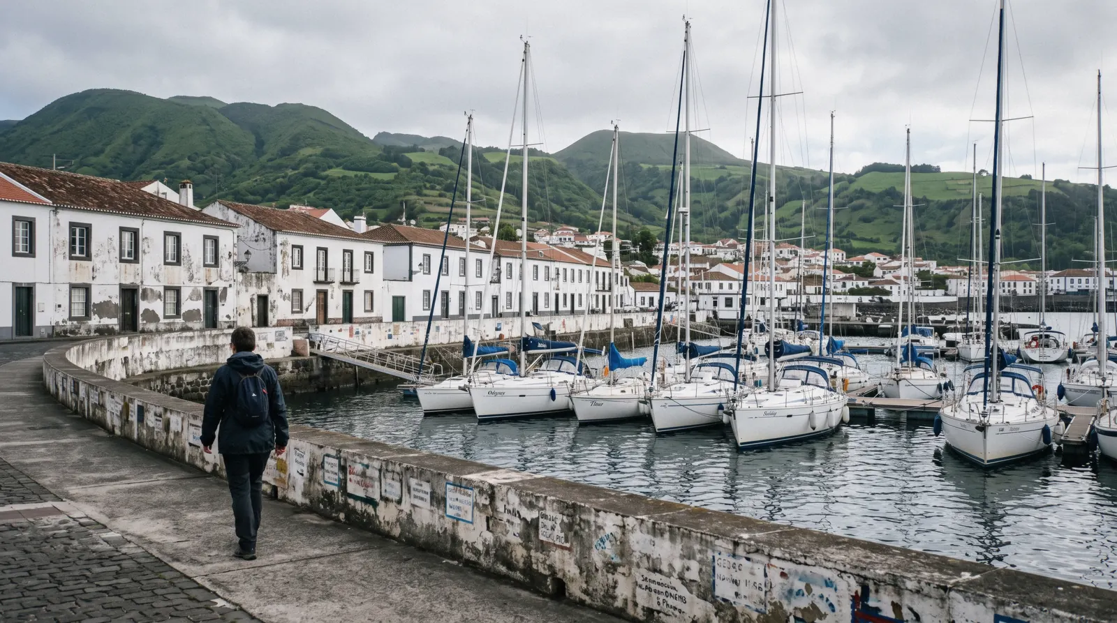 Horta marina on Faial island in the Azores with yachts and painted harbour walls