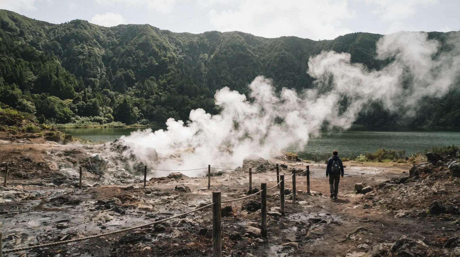 Steam rising from the fumarole fields at the Caldeiras on the shore of Lagoa das Furnas, São Miguel