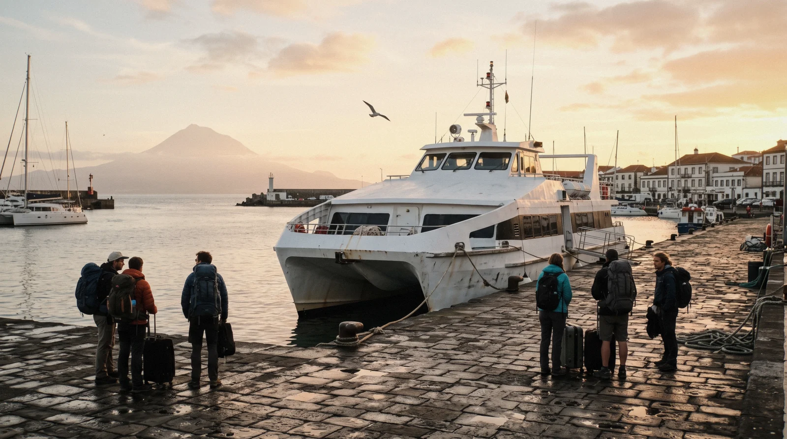 An Atlânticoline ferry berthed at the port of Horta on Faial, the hub of the triangle ferry system for getting around the Azores