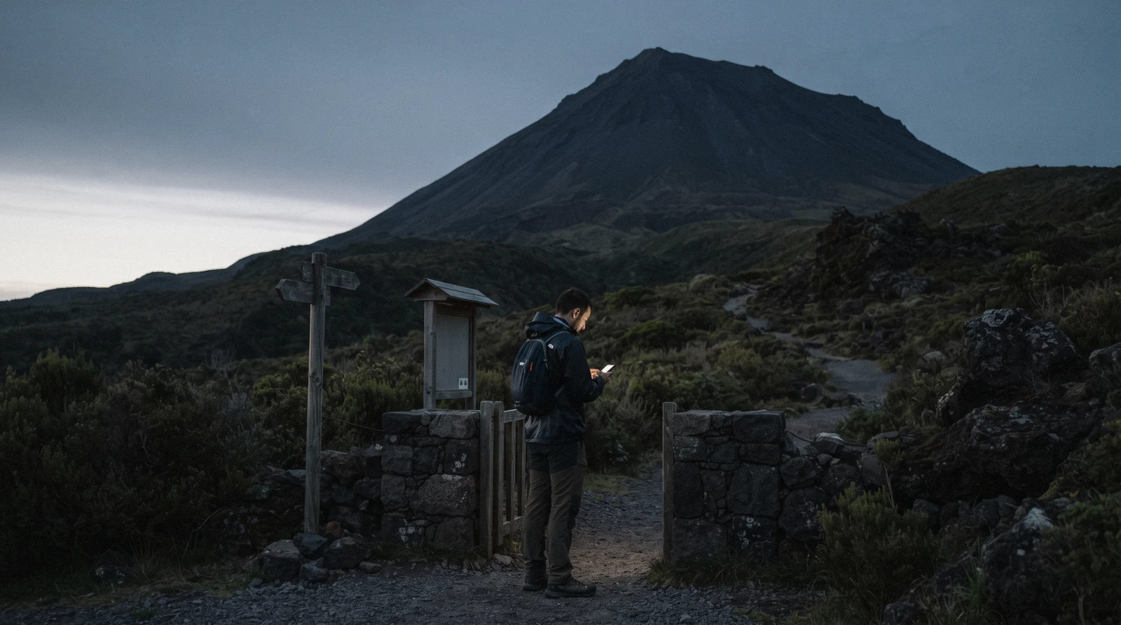 The trail above the tree line on Pico mountain in the Azores at the start of a night climb