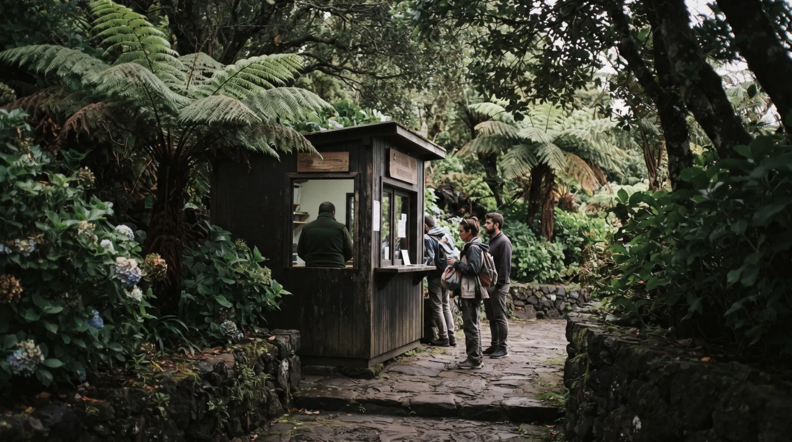 A ticket office window and queue barriers at a volcanic park entrance with tropical planting behind