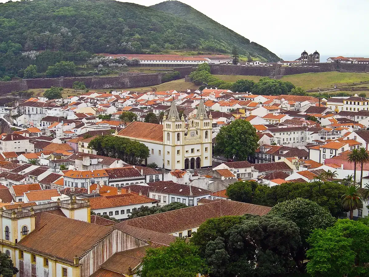 View over the red roofs and the cathedral of Angra do Heroísmo, with Monte Brasil and its fortifications behind