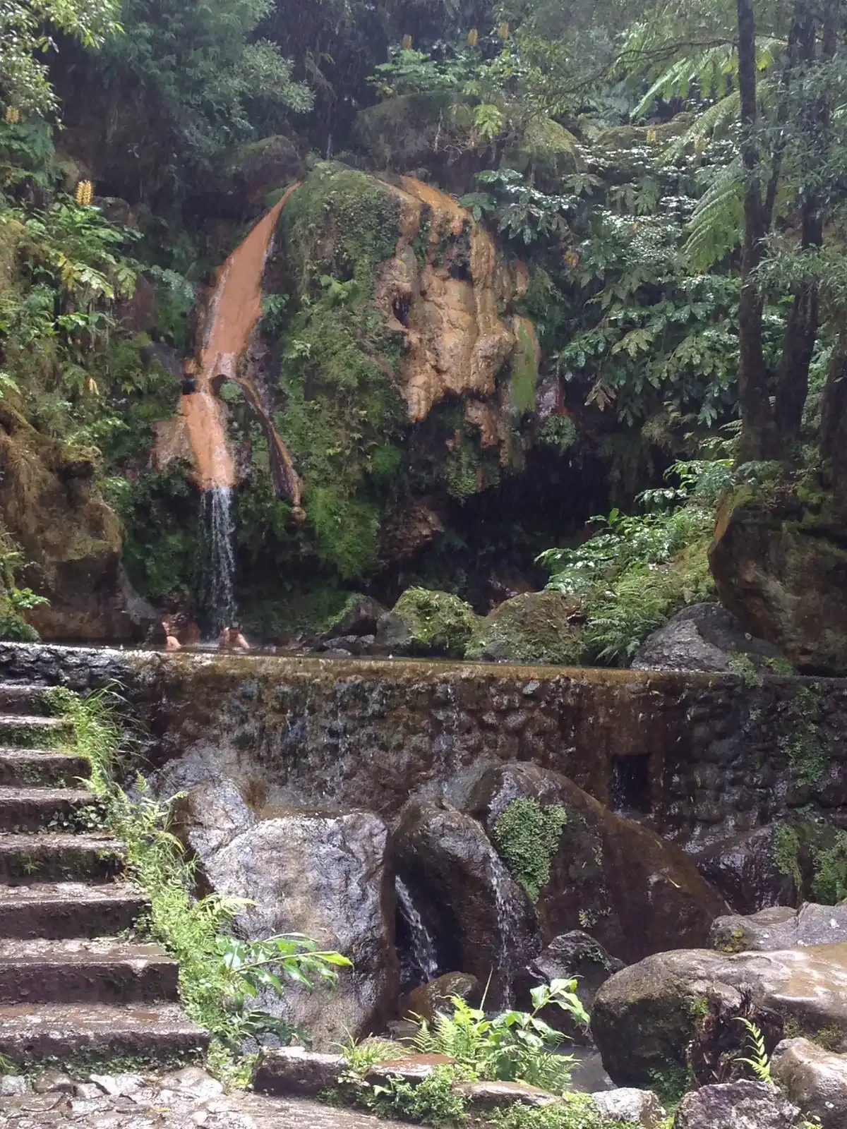 The bathing pool and iron waterfall of Caldeira Velha seen from the weir, São Miguel