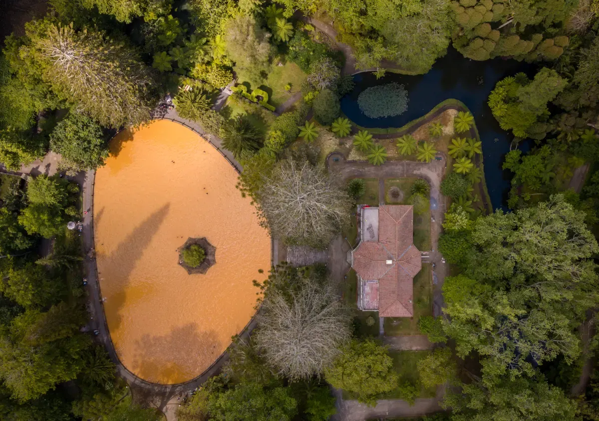 Aerial view of the iron-orange thermal pool of Parque Terra Nostra among the trees, Furnas, São Miguel